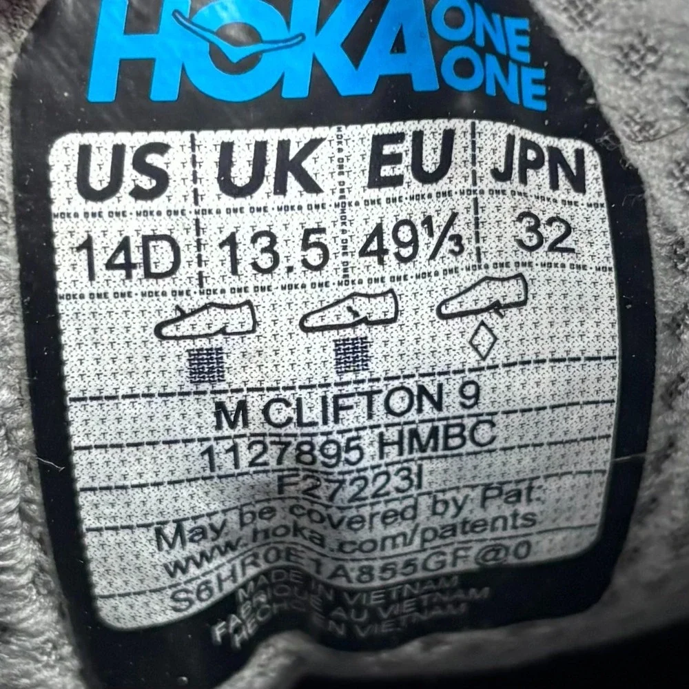 Hoka One One Clifton 9 Harbor Mist Gray Mens 14 D Running Shoes 1127895 HMBC
